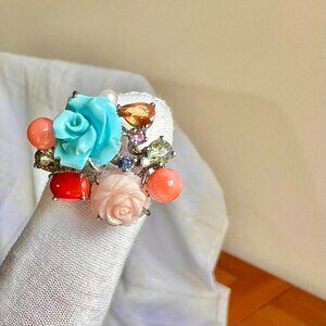 Ross-Simons Sterling Silver Carved Coral & Gemstone Floral, Coral Jewelry